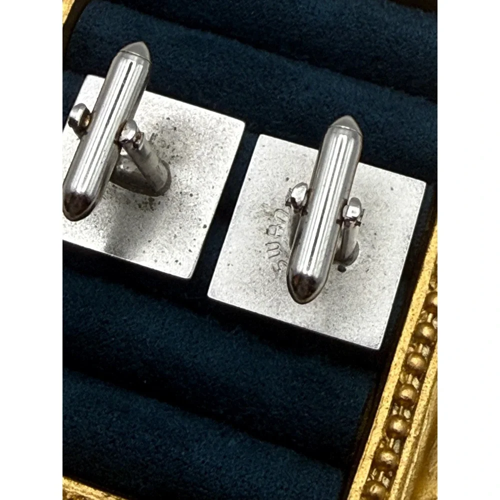 Swank Cufflinks OS Vintage Silver Tone Geometric Greek Key Art Deco Square MCM